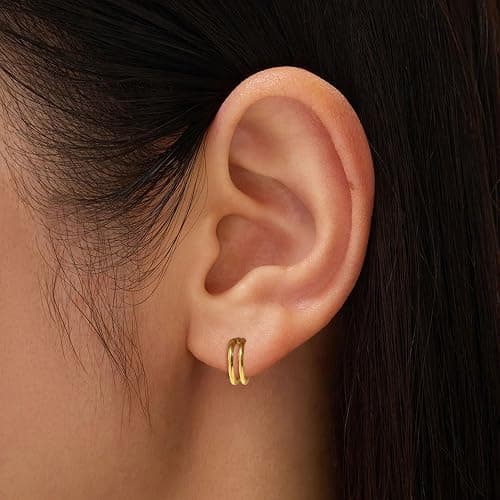 2 PCS Small Cartilage Double-Hoop Helix Conch Piercing Earrings With Cubic Zirconia For Women Trendy 14K Gold Plated Stainless Steel Sets Jewelry thumbnail 4