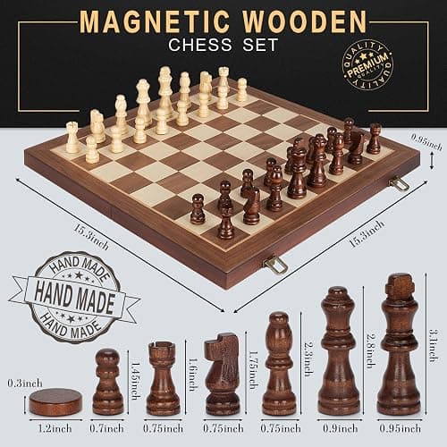 2 in 1 Magnetic Wooden Chess and Checkers Board Game Set, 15" Folding Chess Boards with 2 Extra Queens, Portable Travel Chess Sets with Pieces Storage Slots, Beginner Chess Game Set for Kids, Adults thumbnail 3