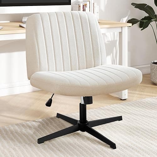 DUMOS Criss Cross Chair Legged Office Wide Comfy Desk Seat, No Wheels Armless Computer Task Seating, Swivel Vanity Home Height Adjustable - Beige - Modern