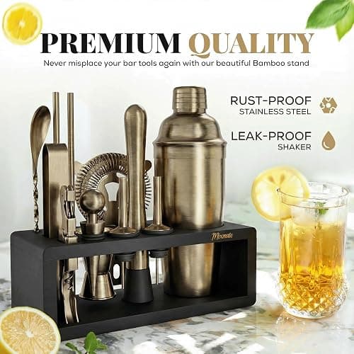 Brushed Brass Mixology Kit - 15 Piece Bar Tool Set, Silver Bar Set Cocktail Shaker Set for Drink Mixing - Includes Martini Shaker, Jigger, Strainer, Bar Mixer Spoon, Tongs, Opener | Gift Idea thumbnail 4