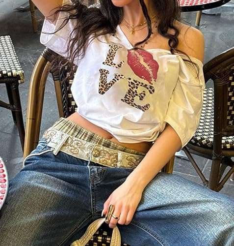 Hesaco Off The Shoulder Cute Shirts for Women Oversized Tshirt Y2k Graphic Tee Lips Print Baggy Shirts Vintage Tops thumbnail 4