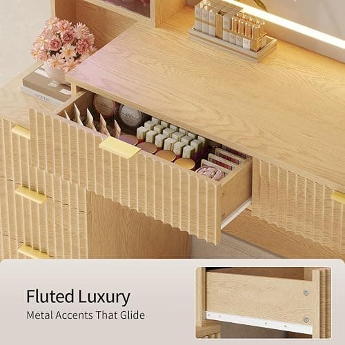 Big Vanity, Fluted Wood Makeup Vanity with Mirror Lights, Oak Vanity Desk | Large, Charging Station, Sound Sync Chasing LED Lights, Wood Vanities, Luxury Glass Cabinets, 8 Drawers, Girls, Women thumbnail 9