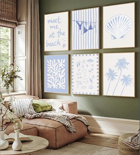 6Pcs Coastal Granddaughter Wall Art Blue Shell Bikini Wall Decor Starfish Palm Tree Poster Prints Artwork Meet Me At The Beach Preppy Aesthetic for Girly Room Dorm Apartment Home Decoration - Posters - 10L"X8W" thumbnail 5