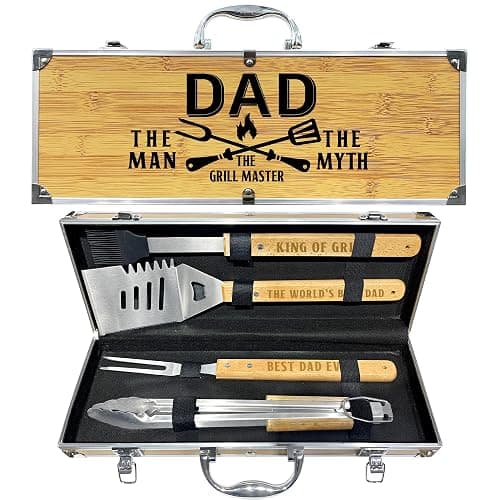 Christmas Dad Gifts from Daughter Heavy Duty Wooden BBQ Grilling Accessories Kit for Backyard, Thick Stainless Steel Grill Utensils with Non-Slip Handle Tools in Portable Bag Birthday - Image 1
