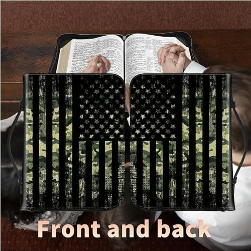 PU Leather Bible Cover Military Camo American Flag Premium Bible Case with Zipper, Durable Christian Bible Protector for Men Women Bible Holder with Inner Pockets for Notebook/Pen/Bible Accessories thumbnail 5