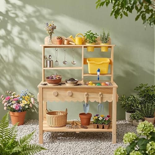 Wooden Mud Kitchen for Kids with Working Faucet and Removable Sink | Outdoor Play Kitchen Set with 10 Accessories, Stainless Steel Cookware & Planter Pots, Kids Play Kitchen for Ages 3+ thumbnail 2