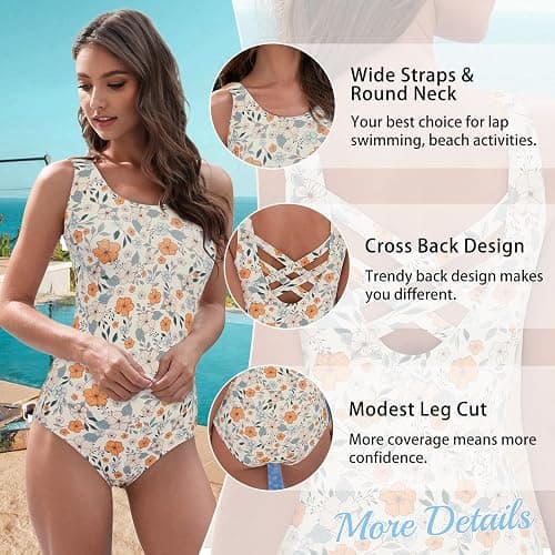 American Trends Modest One Piece Swimsuit Women Bathing Suit Teen Girls Swim Suit Full Coverage Swimsuit Criss Cross Back - Large - Pink Oil Painting thumbnail 5