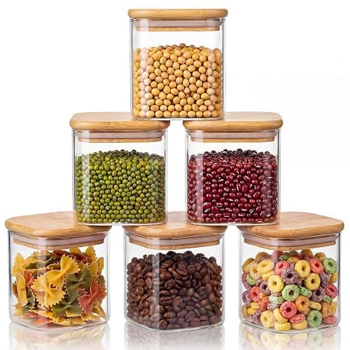 HomArtist Square Glass Jars with Bamboo Lids 27 FL OZ [Set of 6], Glass Canisters with Airtight Lids, Glass Food Storage Containers for Coffee, Sugar, Tea, Candies, Cookies,Best for Kitchen & Pantry - Image 1