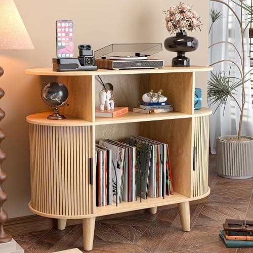 LUVIOHOME Large Round Record Player Stand with Charging Station & USB Ports，Record Storage Cabinet, Mid Century Modern Turntable Stand for Bedroom Living Room (Small Oak) thumbnail 4
