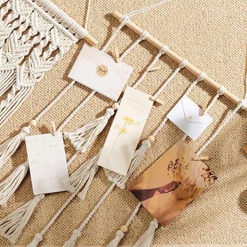 Mkono Hanging Photo Display Boho Macrame Wall Decor with Light, Teen Girl Teenage Gifts, Pictures Cards Frame Holder Art Hanger for Christmas Birthday Party Bedroom Dorm, with 30 Wood Clips, Ivory thumbnail 6