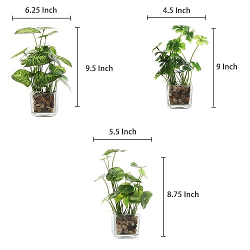 MyGift Set of 3 Fake Plants, Small Artificial Potted Plants Indoor in Clear Glass Pot, 9.5 Inch Faux Plant for Home Decor thumbnail 3