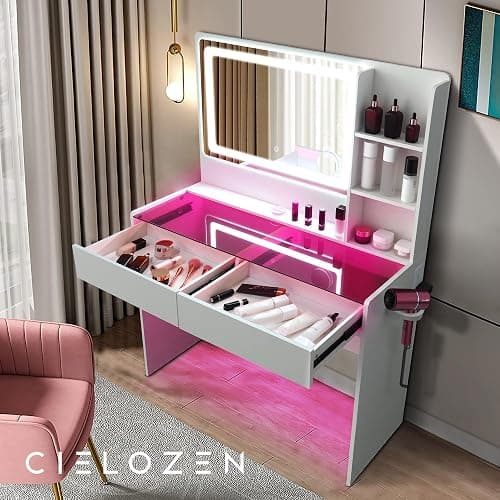 Cielozen Vanity Desk,Makeup Vanity Desk with Mirror and Lights,Transparent Top with LED Multiple Color Lights,Mirror 3 Color Modes 2 Drawers,Power Outlet,Dressing Table for Girls Bedroom,White thumbnail 7