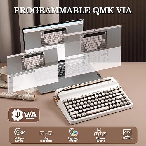 YUNZII QL75 Wireless Typewriter Hot Swap Retro Mechanical Keyboard,Punk Round Keycaps,RGB Backlit QMK/VIA Programmable, Multi-Device Keyboard with 2.4GHz/Type-C/BT5.0 (White, Cocoa Cream V2 Switch) thumbnail 7