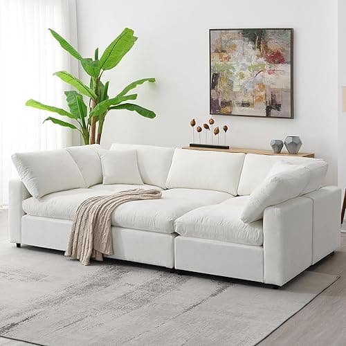 Oversized U-Shaped Modular Sectional Sofa Full Foam Cushions Deep Seat Reversible Chaises Cloud Couch Living Room Convertible Sleeper Chenille Upholstered Sofabed with Movable Ottomans - White-958 - 6 Seaters Modular