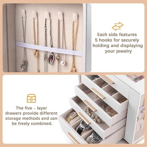 Homeanda Jewelry Box for Women with Glass Lid, 5 Drawers Jewelry Organizer and Storage for Necklaces, Rings, Earrings, Bracelets, Gift for Girls and Teens,PU Leather (White) thumbnail 6