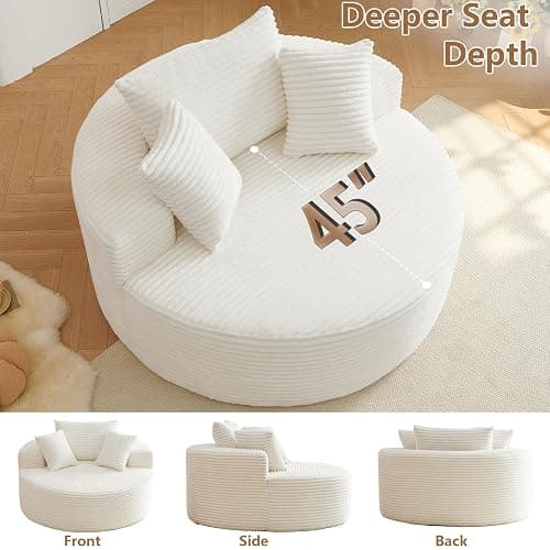 Oversized Round Chair Lounge Chaise Indoor, Upholstered Corduroy Deep Seat Cloud Large Circle Sofa Chair, No Assembly Required, Fluffy Modern Sleeper Sofa Bed for Reading, Living Room, Bedroom, White thumbnail 8