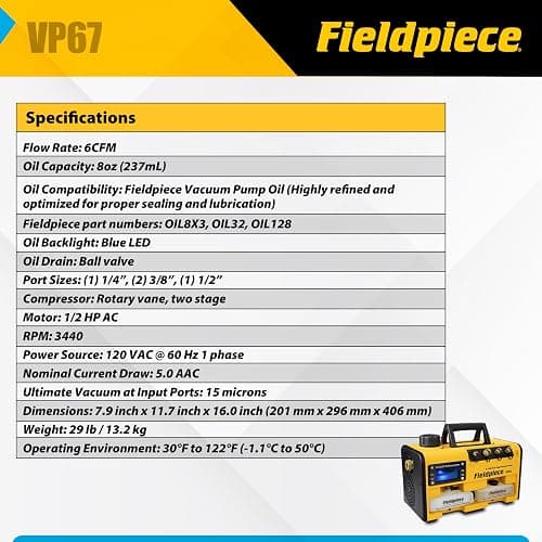 Fieldpiece VP67 Vacuum Pump – 6 CFM, 1/2 HP DC Motor, RunQuick Oil Change System – Portable - Professional HVAC Tool - A2L Compatible thumbnail 3