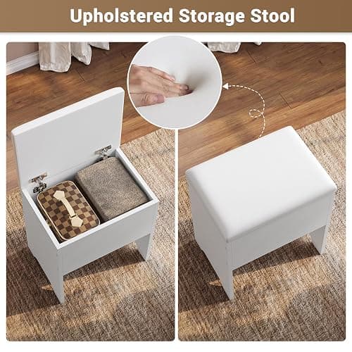 BTHFST Corner Vanity Desk with Lights and Charging Station, Makeup Vanity with Lights, Vanity Set with Mirror and Storage Stool, Makeup Table with Drawers, Rotating Shelves, White thumbnail 7