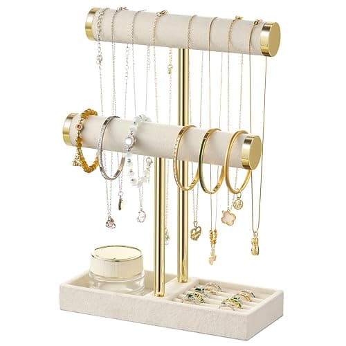 bussdis 2 Tier Bracelet Holder Display - Detachable T Bar Beige Velvet Bracelet Holder, Jewelry Holder Organizer for Bracelet, Necklace, Earrings, Rings - Image 1