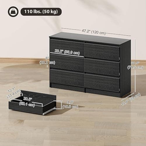 HOMCOM 6 Drawer Dresser for Bedroom, Wide Chest of Drawers, Modern Clothes Storage Organizer for Living Room, Hallway, Black thumbnail 3
