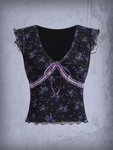 Floerns Women's Contrast Lace Sleeveless Tie Front Mesh Vintage Tee Top thumbnail 5
