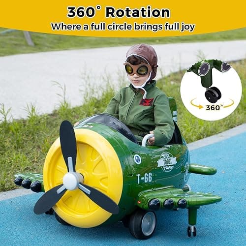 TOBBI Electric Car for Kids Ride On Airplane Toy w/Bombing Sound and Music | Battery Powered 12V Kids' Electric Vehicle Rideable Airplane with Remote Control for Toddlers Ages 3+ Years, Green thumbnail 4