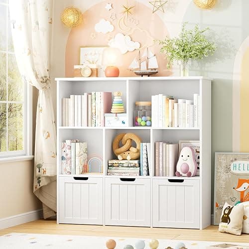 FOTOSOK Toy Storage Organizer with 3 Movable Drawers, Toy Organizer with Hidden Wheels and 5 Open Cubbies, Multifunctional Floor Storage Chest for Playroom, White thumbnail 7