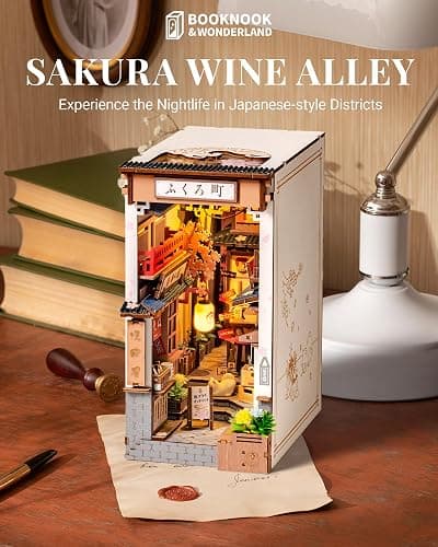 ROBOTIME Book Nook Kit DIY Miniature House Kit for Adults 3D Wooden Puzzle Bookends Bookshelf Diorama Insert Dollhouse Creative Decorative Unique Gifts for Teens and Beginners (Sakura Wine Alley) thumbnail 3
