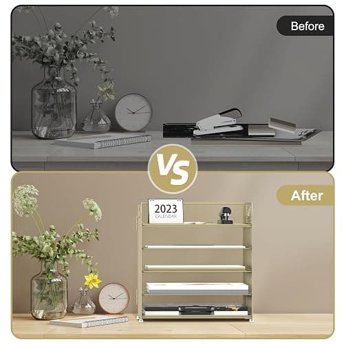 Supeasy 5 Trays Paper Organizer Letter Tray with Handle-Mesh Desk File Organizer,Pink Paper Sorter Desk Organizer for Office, Home or School (Gold Yellow) thumbnail 6