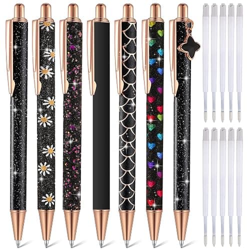 Sherr 7 Pcs Fancy Pens for Women Cute Sparkly Glitter Pens with 10 Pcs Black Ink Refills Pretty Gifts for Girls Office School Christmas Graduation(Simple) - Image 1