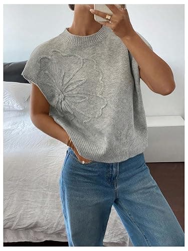 SOLY HUX Women's Short Sleeve Sweater 3D Floral Sweaters Pullover Tank Tops Knit Vest Trendy Fashion Clothing thumbnail 2