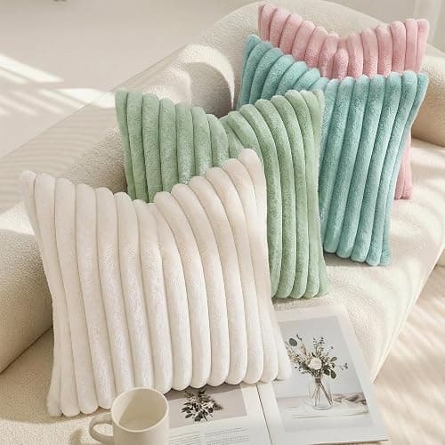 decorUhome Pink Throw Pillow Covers 16x16 Inch Set of 2, Faux Fur Velvet Decorative Pillow Covers, Fuzzy Striped Cushion Covers Pillow Cases for Sofa Couch, Living Room Home Decor thumbnail 7