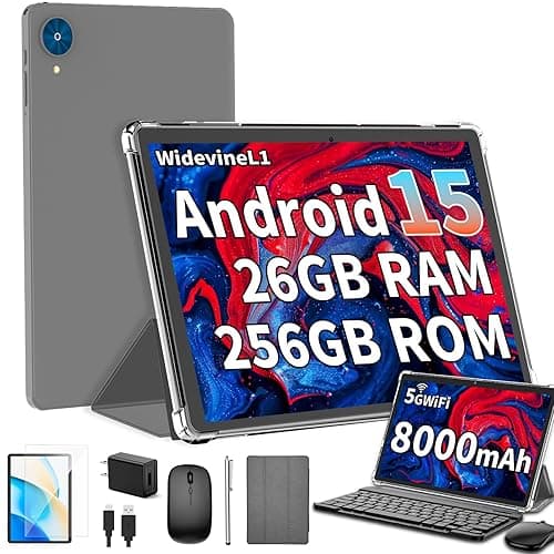 YLEEBG Android 15 Tablet with Keyboard, 26GB+256GB(2TB Expand), 10.1 Inch Tablet 8000 mAh Battery, BT 5.0, 5G WiFi, Widevine L1, Dual Camera, 2 in 1 Tab with Mouse, Case, Stylus（Silver Case） - Image 1
