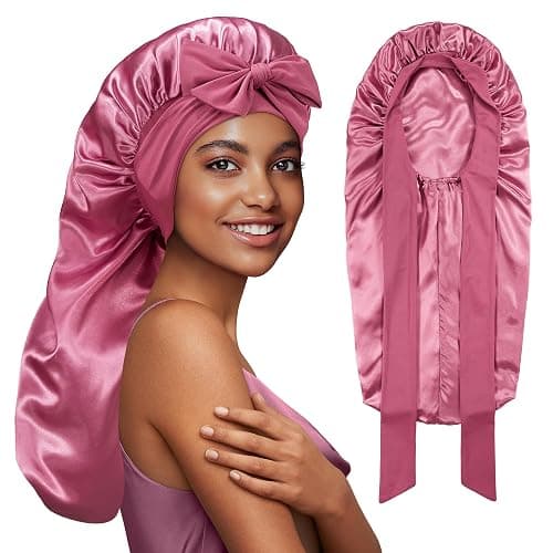 PHILIGHTS Long Satin Bonnet with Tie Band, Reversible Silk Hair Bonnet for Sleeping Women with Curly or Braided Hair - Image 1