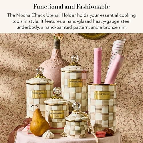 MACKENZIE-CHILDS Enamel Utensil Holder, Kitchen Utensil Holder for Countertop, Brown-and-White Mocha Check thumbnail 3