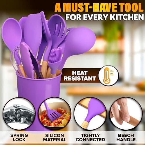 12 Pcs Purple Kitchen Accessories Set with Holder, Silicone Heads | Purple Kitchen Utensils Set for Cooking and Baking; Wooden Handles; Heat-Resistant up to 446°F; Non-Scratch for Nonstick Pans thumbnail 3