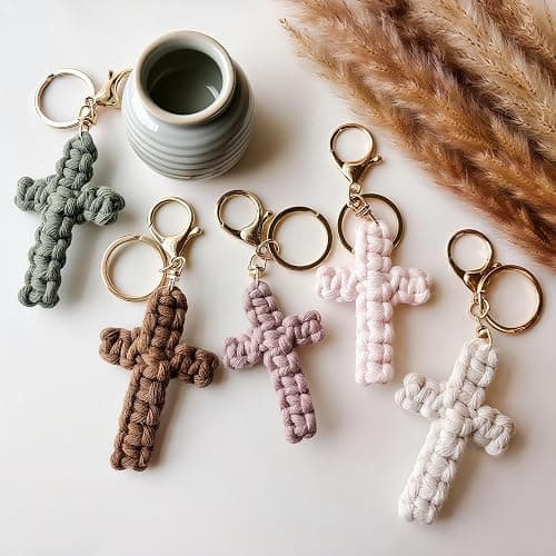 Macrame Cross Keychain,Jesus Key Chain Christian Car Accessories Handmade Soft Cross Keychain Boho Decor for Women Men Gifts thumbnail 3
