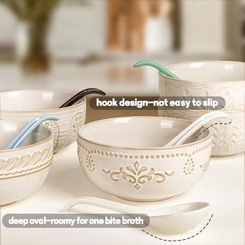 Artena Bright White 6.75 inch Asian Soup Spoons Set of 6, Ultra-fine Porcelain Tablespoon, Chinese/Japanese Kitchen Soup Spoons for Cereal, Ramen Pho - Deep Oval Hook Design - White thumbnail 5