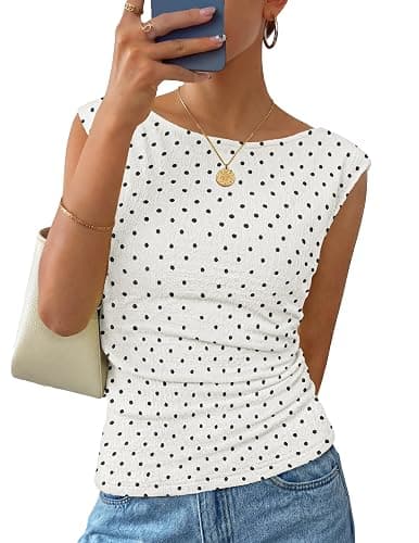 ZESICA Women's Summer Ruched Trendy Tank Top 2026 Cap Sleeve Boat Neck Slim Fit Cute Tops Going Out Tee Shirts Fashion - Image 1