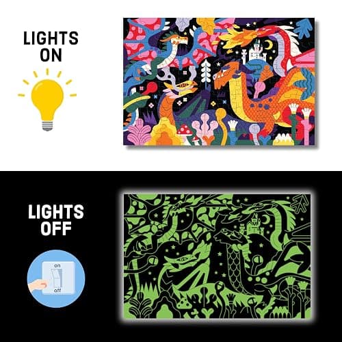 Mudpuppy Dragons – 100 Piece Glow in The Dark Jigsaw Puzzle with a Fantastical Scene of Fire Breathing Dragons and Hidden Medieval Details in The Dark thumbnail 3