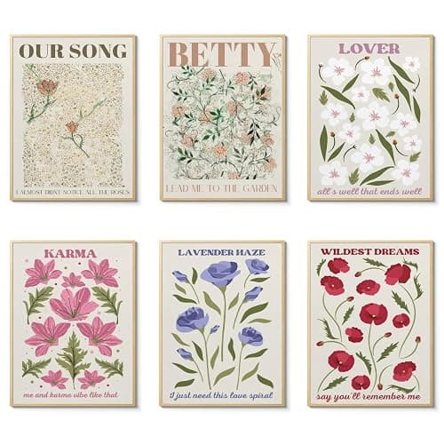 CEKEIOLMLW Stunning Cute Flower Music Song Lyrics Inspired Poster Set for Teen Girl Print Wall Art Pop Country Folk Singer Midnights Floral Dorm Preppy Room Decor Unframed 6pcs 8x10in - Image 1