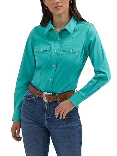 Wrangler Women's Retro Long Sleeve Cool Blue Solid Western Shirt - Image 1
