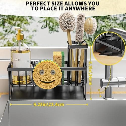 Cisily Sink Caddy With Smiley Face Sponge Holder, 304 Stainless Steel Rustproof(Black) thumbnail 2