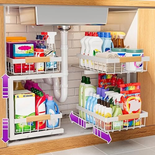 ADBIU Under Sink Organizer 2 Pack, Adjustable Height (11"-15.75") Under Cabinet Storage, 2 Tier Pull Out Sliding Drawers for Kitchen Bathroom, Heavy Duty Metal Shelf, White - Image 1