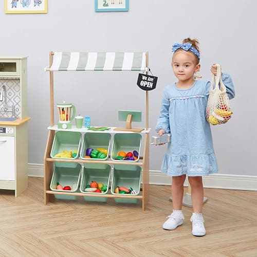 Teamson Kids Little Helper Wooden Farmer's Market Stand with Pretend Cash Register and 6 Plastic Storage Bins, Green, TD-13638A-AMZ thumbnail 4