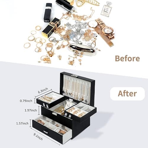 Dajasan Jewelry Boxes for Women Girls, Jewelry Organizer Box, 3 Layers Jewelry Storage Organizer for Earring, Ring, Necklace, Bracelets (Black) - Black + Leather thumbnail 4