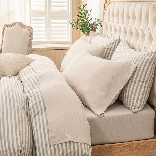 PURE ERA Jersey Knit 4pc Bed Sheet Set 100% T-Shirt Heather Cotton Super Soft Comfy Breathable Fits Mattress Up to 20" Extra Deep Pocket (Heather Beige, King) - Image 1