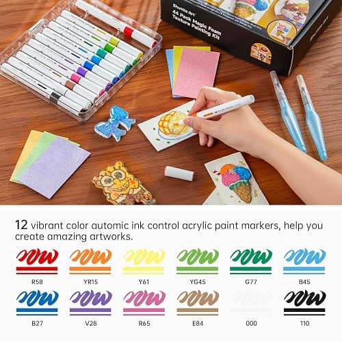 Shuttle Art 44 Pcs Magic Foam Texture Painting Kit, Including 28 Pcs Foam Texture Paper, 12 Colors Brush Tip Acrylic Paint Markers, Magical 3D Effect Texture Painting Kit thumbnail 4