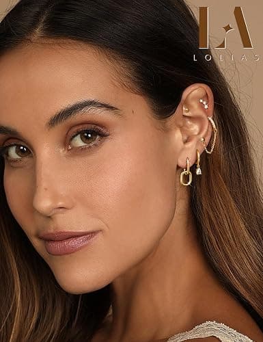 LOLIAS Hypoallergenic 14K Gold Plated Hoop Stud Earring Stacks for Women Trendy - Chain Cartilage Earrings Cute Silver Huggie Earrings Sets for Multiple Piercing Jewelry Lightweight 8Pairs thumbnail 3