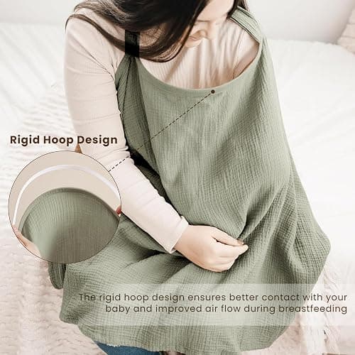 Konssy Muslin Nursing Cover for Baby Breastfeeding, Breathable 100% Cotton Breastfeeding Cover with Rigid Hoop for Mother Nursing Apron, Multi-use Carseat Canopy (Fog Green) thumbnail 4